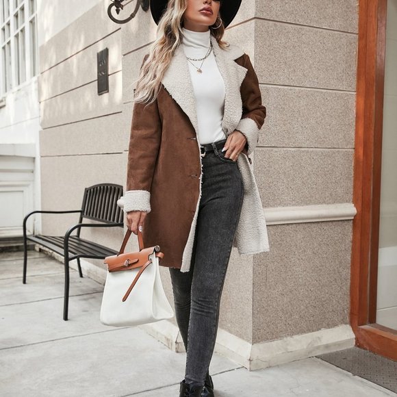 . Jackets & Blazers - Brown Preppy Womens Lapel Collar Teddy Lined Suedette Coat